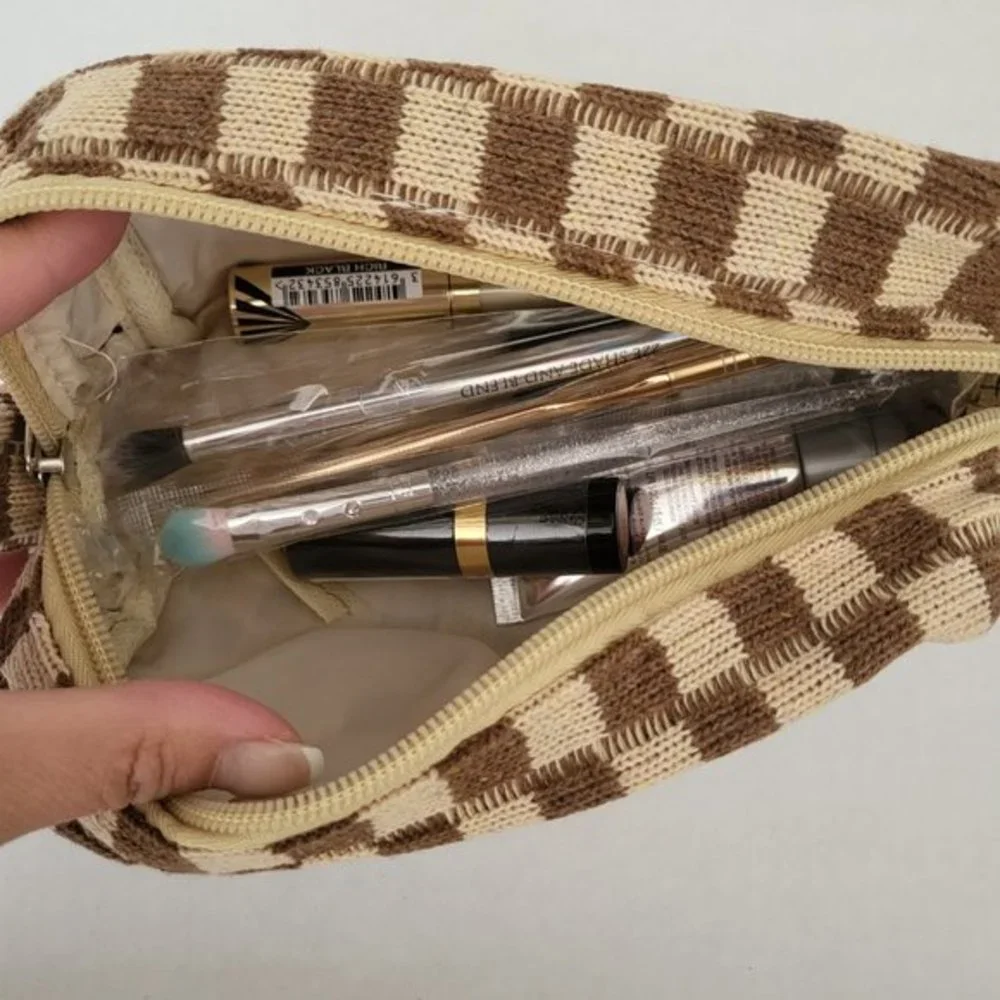 Checkered Print Cosmetic Make Up Beauty Bag in‎ Brown and Beige